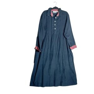Bedford Fair Navy Corduroy Maxi Dress Plaid Trim Pintuck Cotton XL 2109